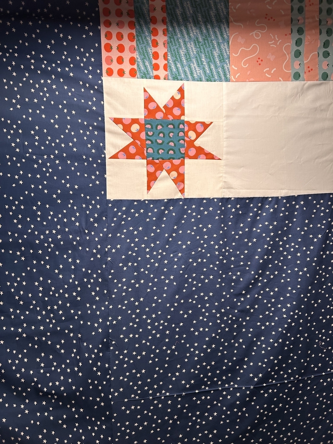 Back of quilt with white stars on a navy field with a wonky star. 