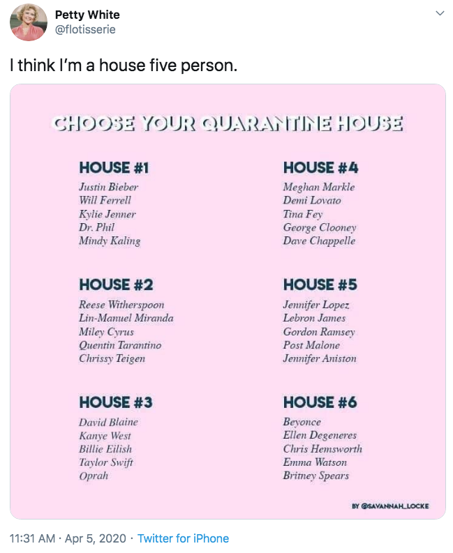 A tweet features a selection of quarantine house groups, each with a different combination of celebrities.
