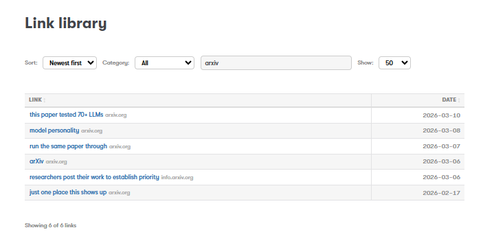 A webpage titled Link library displays a sorted list of links related to arxiv with titles and dates.
