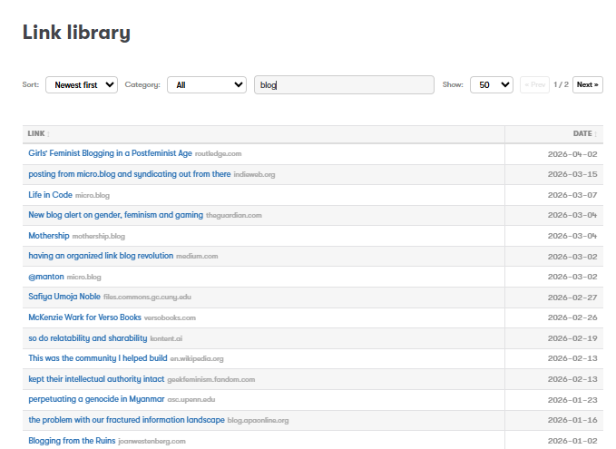 A webpage lists blog-related links in a library format, sorted by newest first with dates.