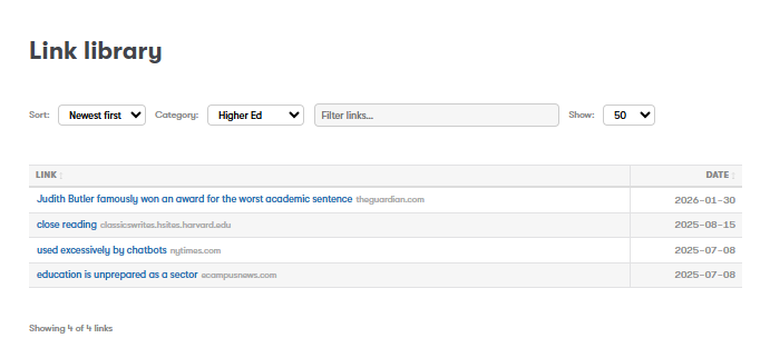 A screenshot of a Link library webpage displays a list of four links along with their titles and dates, sorted by Newest first under the category Higher Ed.